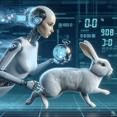 Cyborg with Glowing Watch and White Rabbit