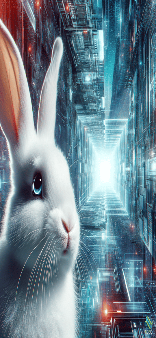 White Rabbit in Neon Cyberpunk Corridor