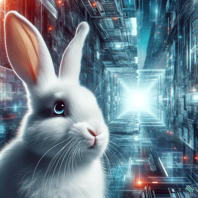 White Rabbit in Neon Cyberpunk Corridor