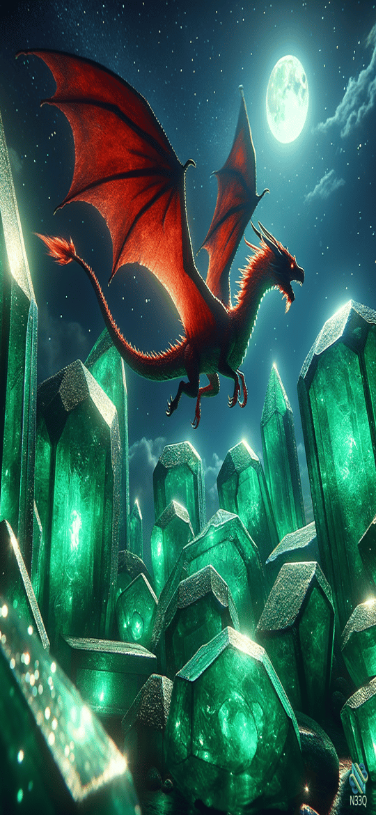 Red Dragon Over Glowing Green Crystals