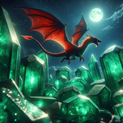 Red Dragon Over Glowing Green Crystals