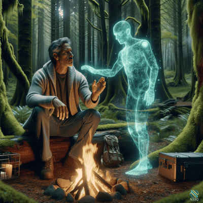 Man Encountering Holographic Figure by Campfire