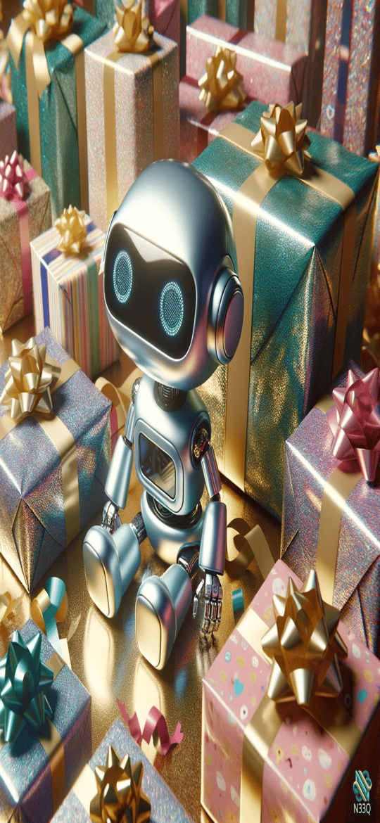 Metallic Robot Amidst Colorful Gift Boxes