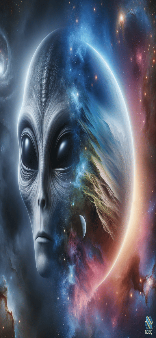 Alien Head Fused with Cosmic Planet
