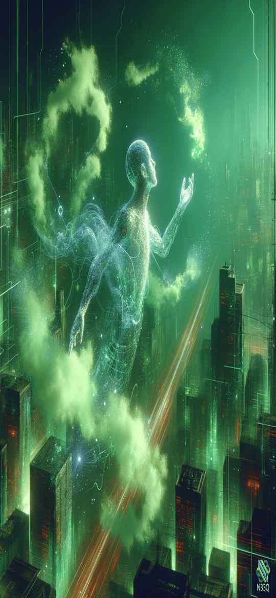Ethereal Figure Over Neon Cyberpunk City
