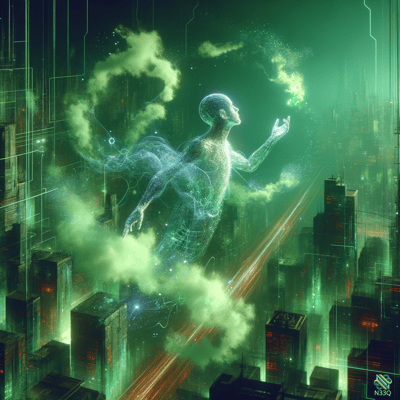 Ethereal Figure Over Neon Cyberpunk City