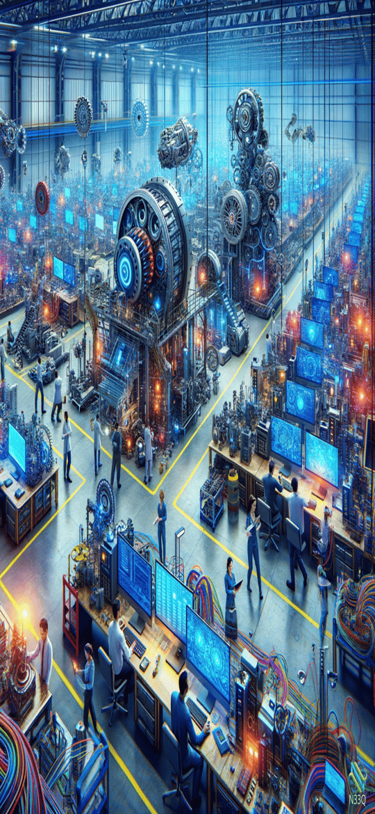 Engineers in Futuristic High-Tech Factory Hall