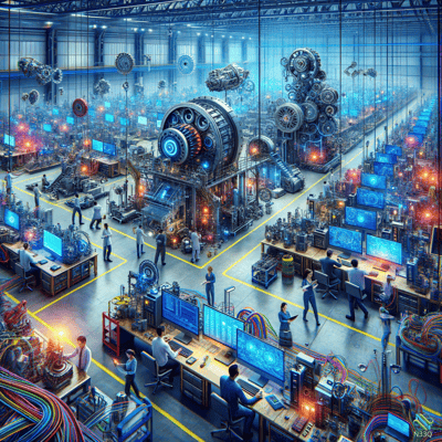 Engineers in Futuristic High-Tech Factory Hall