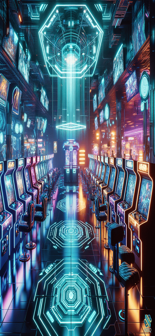 Neon Cyberpunk Arcade with Glowing Machines