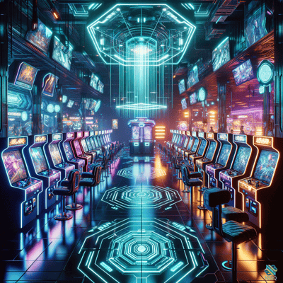 Neon Cyberpunk Arcade with Glowing Machines