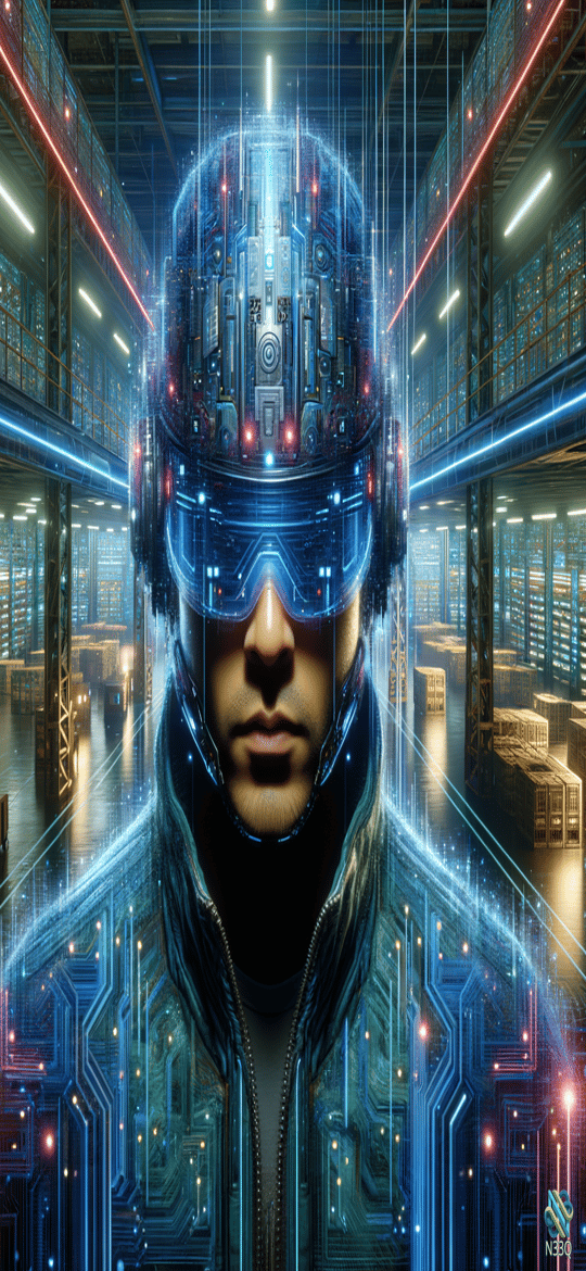 Cyborg in Neon-Lit Futuristic Warehouse
