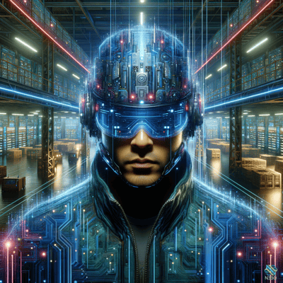 Cyborg in Neon-Lit Futuristic Warehouse