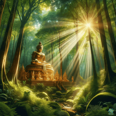 Golden Buddha in Sunlit Forest