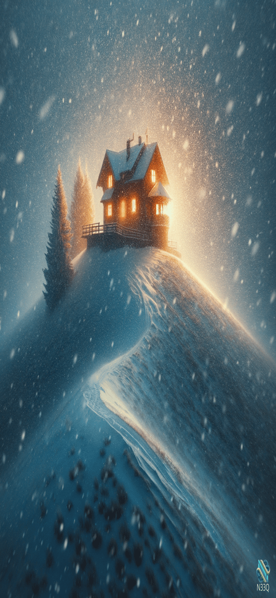 Cozy Cabin on Snowy Hill at Night