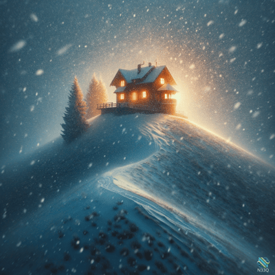 Cozy Cabin on Snowy Hill at Night