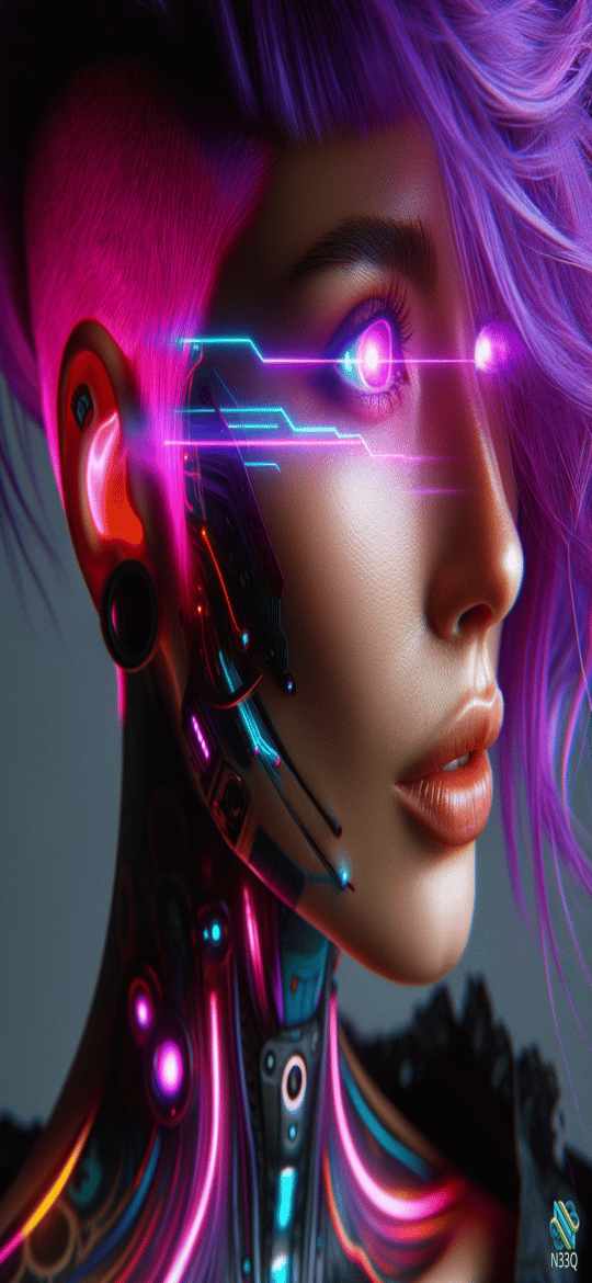 Neon Cyborg Woman with Purple Hair