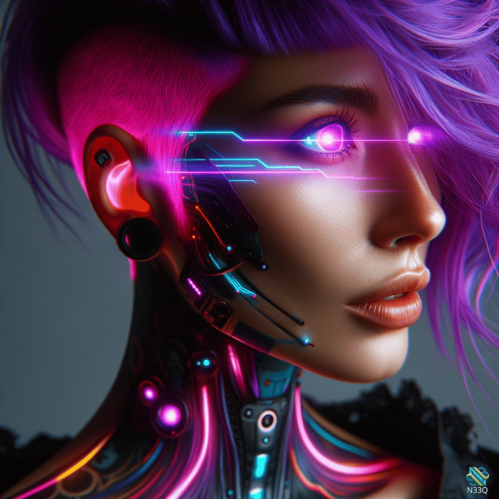 Neon Cyborg Woman with Purple Hair