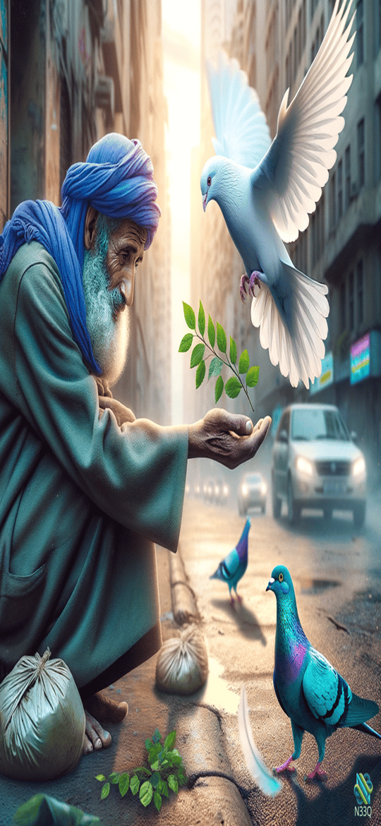 Elderly Man Offering Branch to White Dove