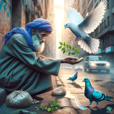 Elderly Man Offering Branch to White Dove
