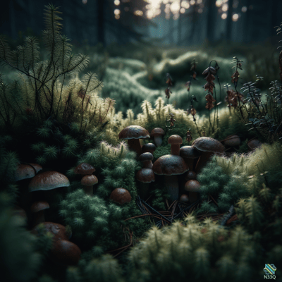 Mushrooms Growing in Mossy Forest Floor