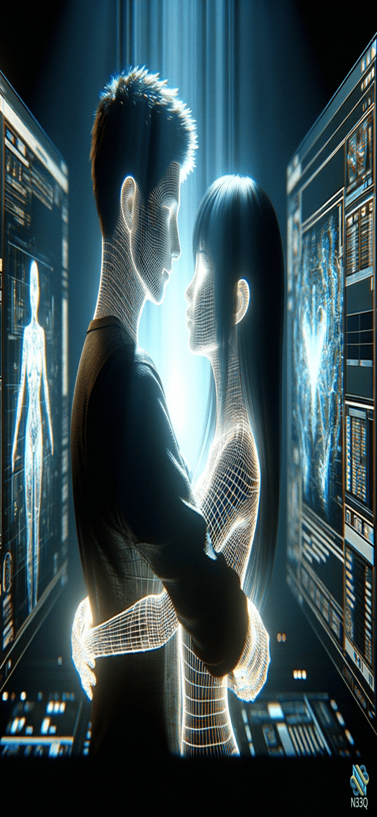 Wireframe Couple Embracing in Futuristic Lab