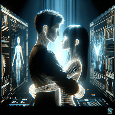 Wireframe Couple Embracing in Futuristic Lab