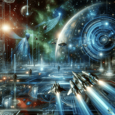 Ethereal Angel Over Spaceships on Futuristic Platform