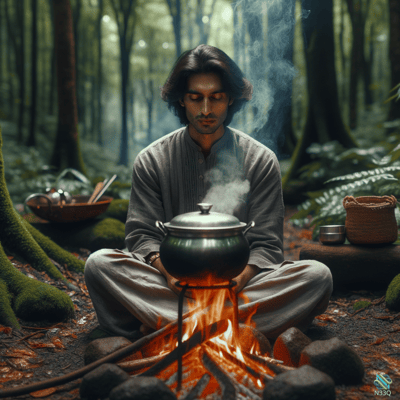 Man Meditating Over Campfire Cauldron in Forest