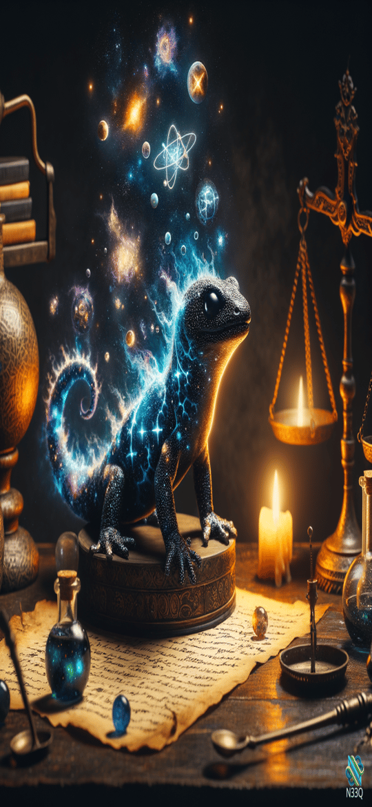 Cosmic Glowing Salamander in Alchemical Lab