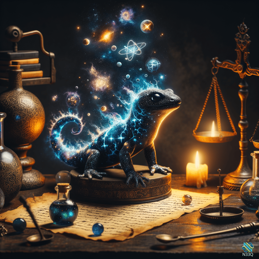 Cosmic Glowing Salamander in Alchemical Lab