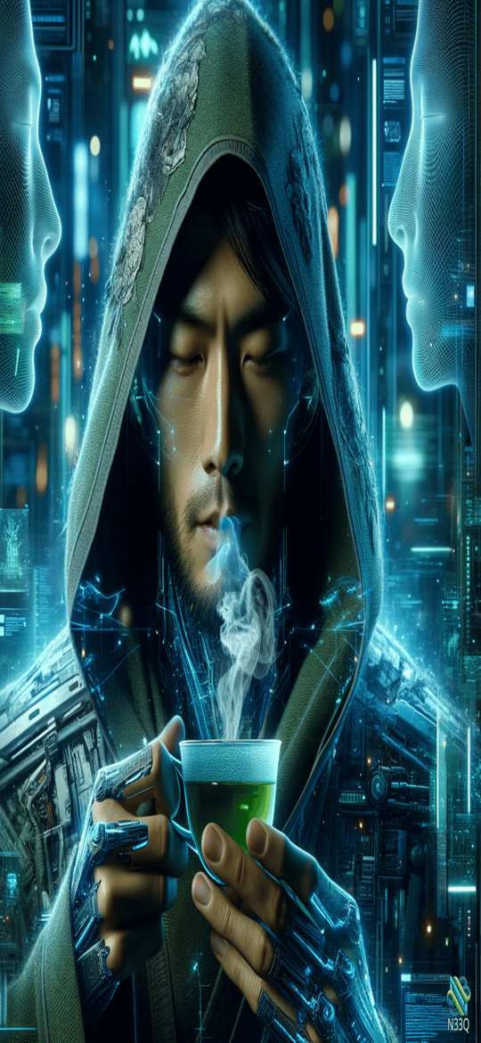 Cybernetic Hooded Monk With Glowing Green Cup