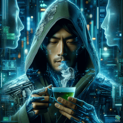 Cybernetic Hooded Monk With Glowing Green Cup