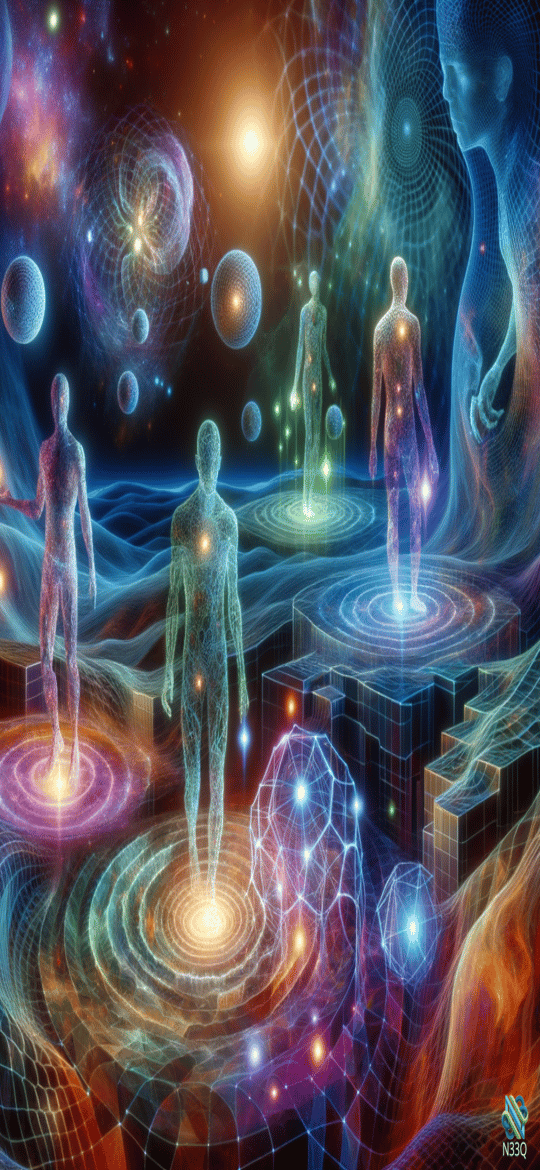 Glowing Figures in Cosmic Digital Realm