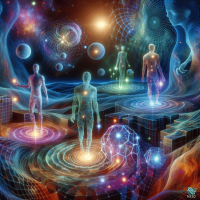 Glowing Figures in Cosmic Digital Realm