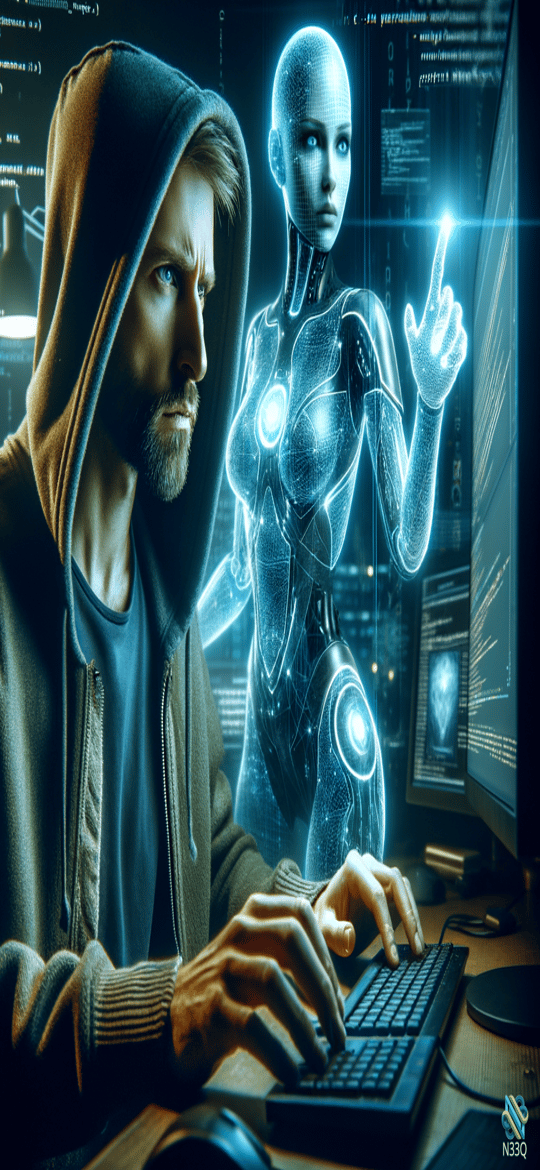 Hooded Hacker with Holographic Female Android