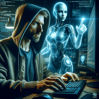 Hooded Hacker with Holographic Female Android