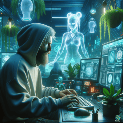 Hooded Man with Holographic Female Figure