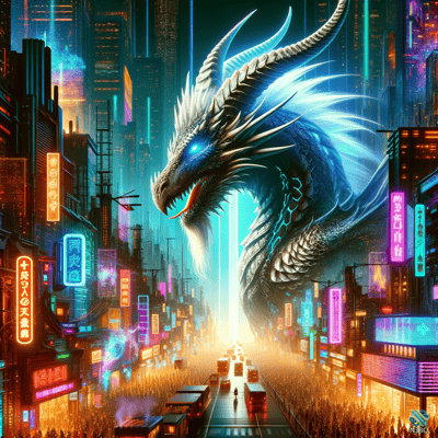 Blue Dragon Over Neon Cyberpunk City