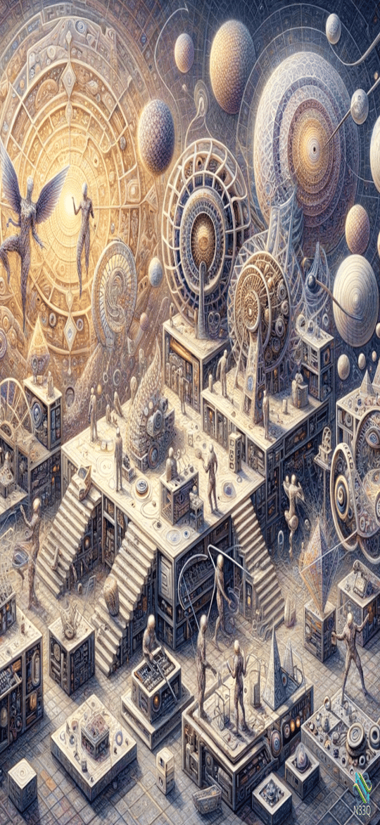 Surreal Mechanical Celestial Realm with Figures
