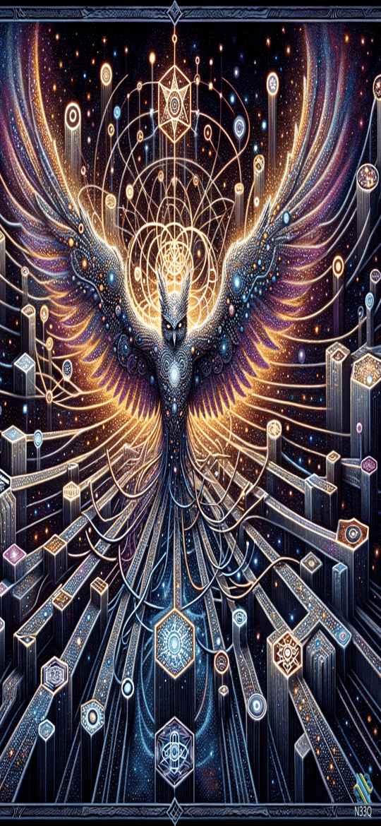 Cosmic Owl Over Neon Geometric City