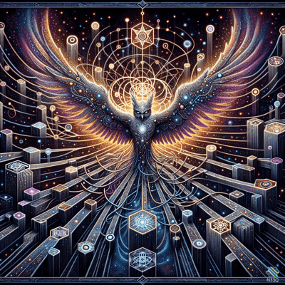 Cosmic Owl Over Neon Geometric City