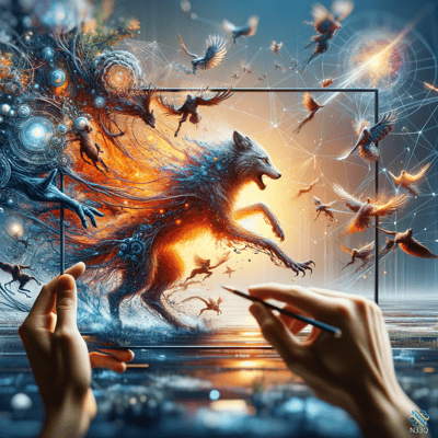 Fiery Wolf Leaping Through Portal Amid Birds