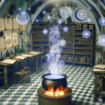 Alchemist Laboratory with Glowing Cauldron