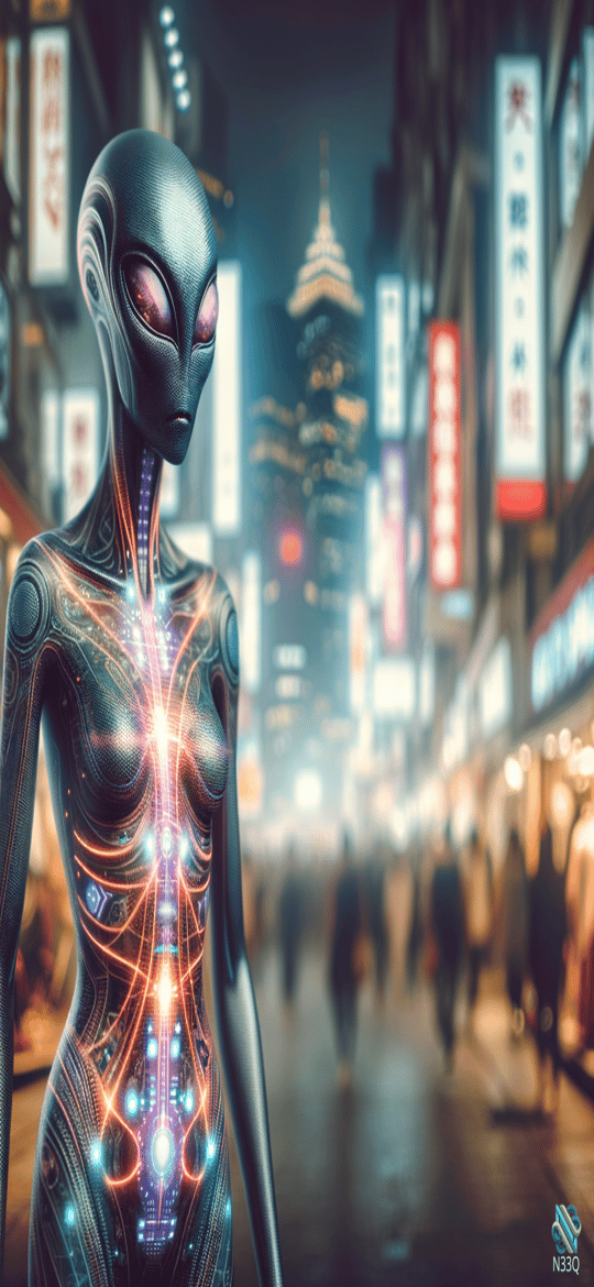 Glowing Alien in Neon Cyberpunk Street