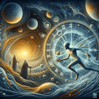 Alien Leaping Past Translucent Cosmic Clock