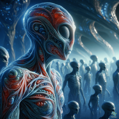 Intricate Alien in Bioluminescent Crowd