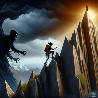 Climber Facing Shadow Creature on Mountain Ridge