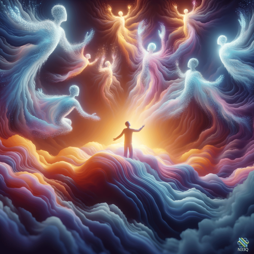 Figure Among Swirling Ethereal Light Spirits