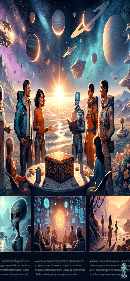Explorers Meeting Around Chest in Cosmic Landscape