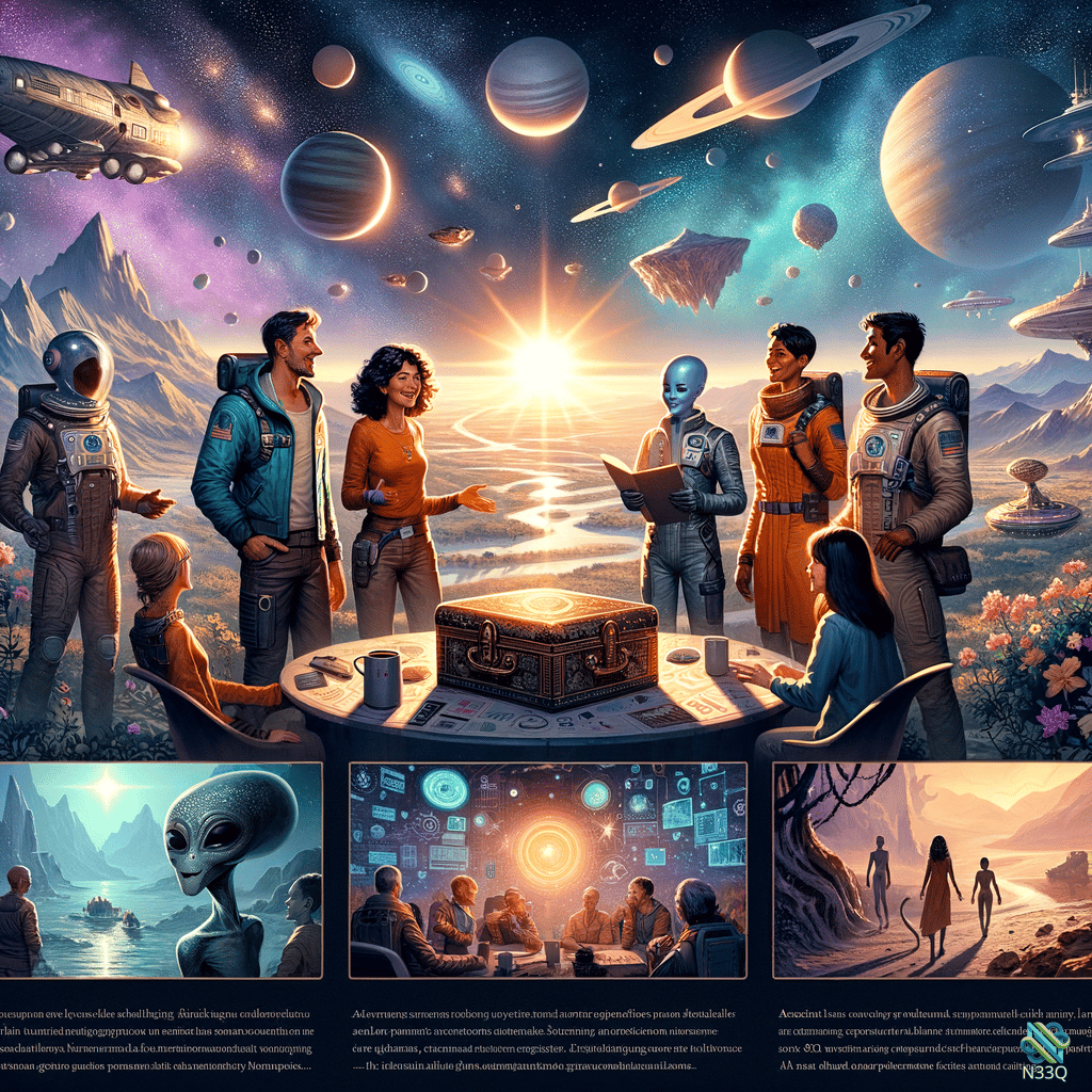 Explorers Meeting Around Chest in Cosmic Landscape